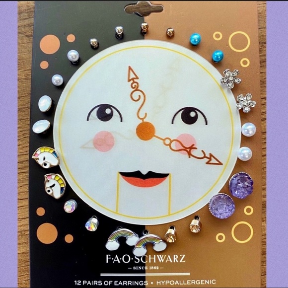 FAO Schwarz 12 pr Earrings Unicorn Drusy Pastel Lilac Flower Studs